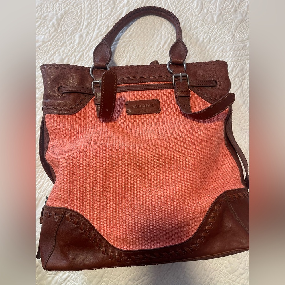 Isabella Fiore orange straw brown leather trim large tote bag not